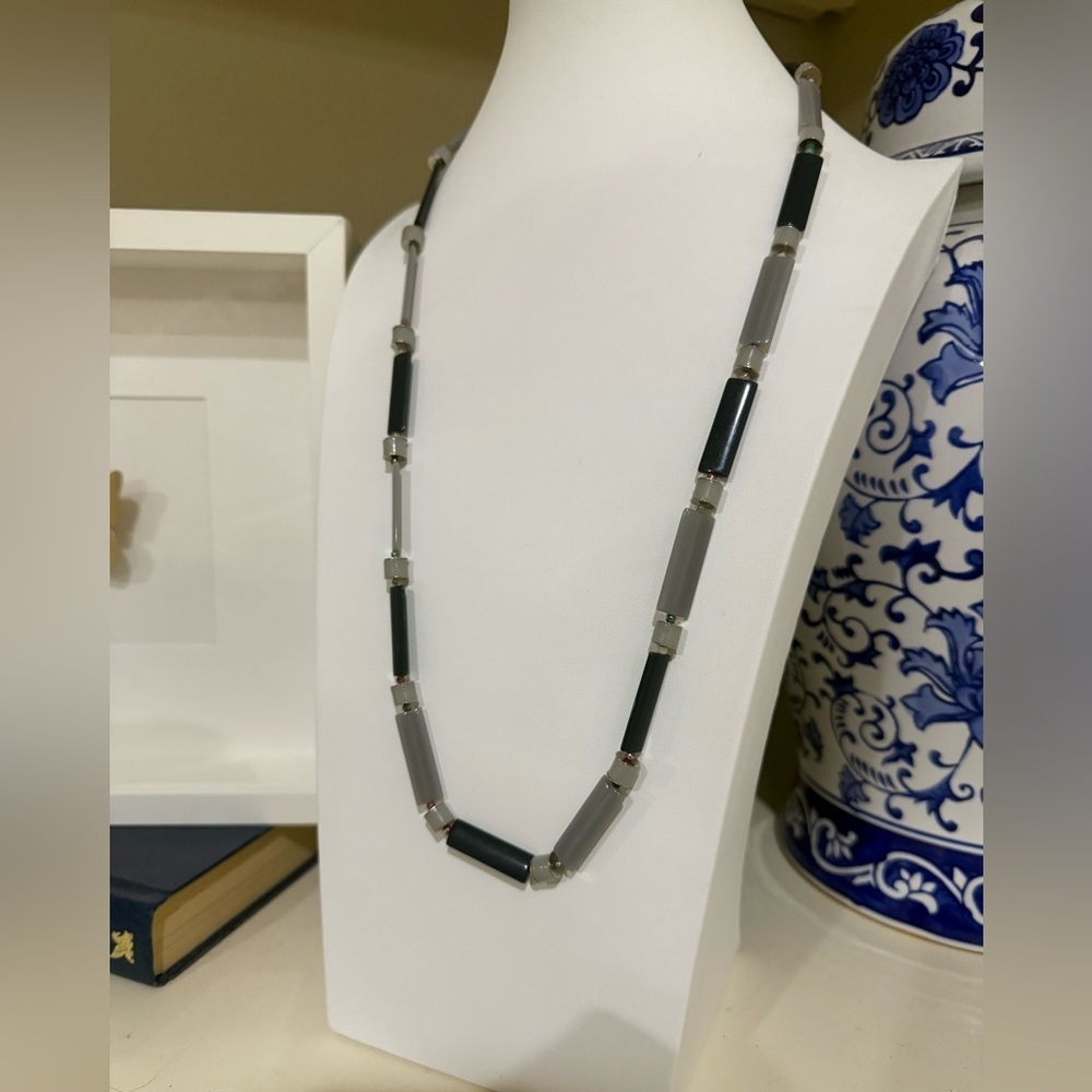 Trifari Navy and Gray Thin Plastic Beaded Necklace With Colorful Beads